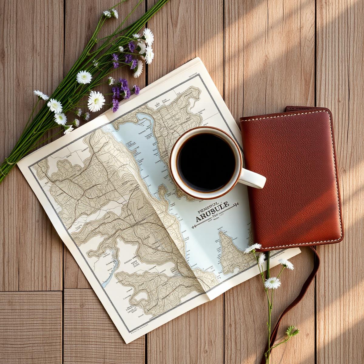 Local coffee and folded Bruce Peninsula map on wood table