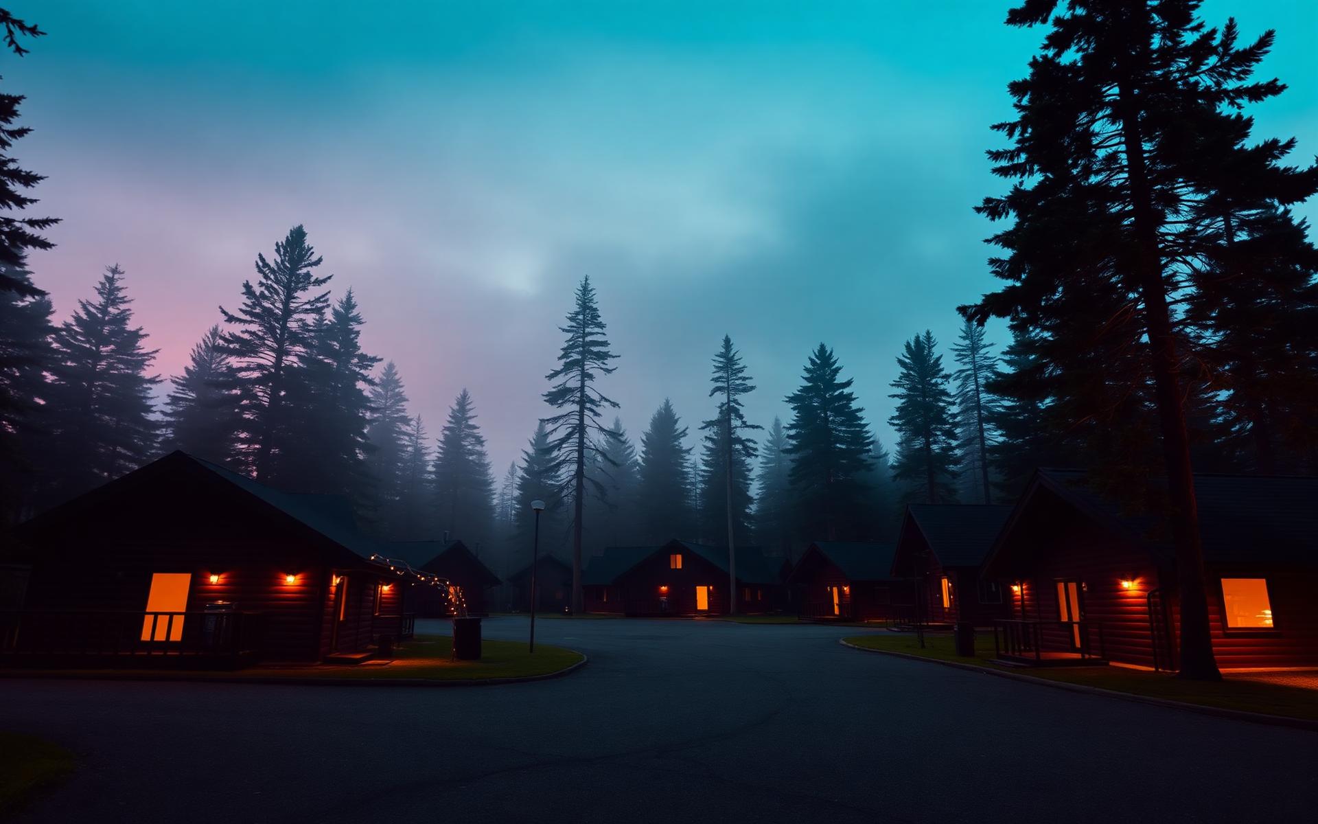 Peninsula Stay lodge at dusk surrounded by pine forest